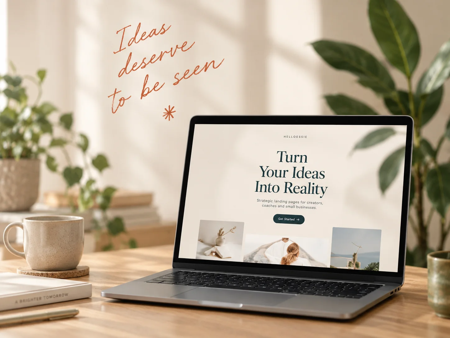 Landing page project displayed on a laptop in a warm workspace
