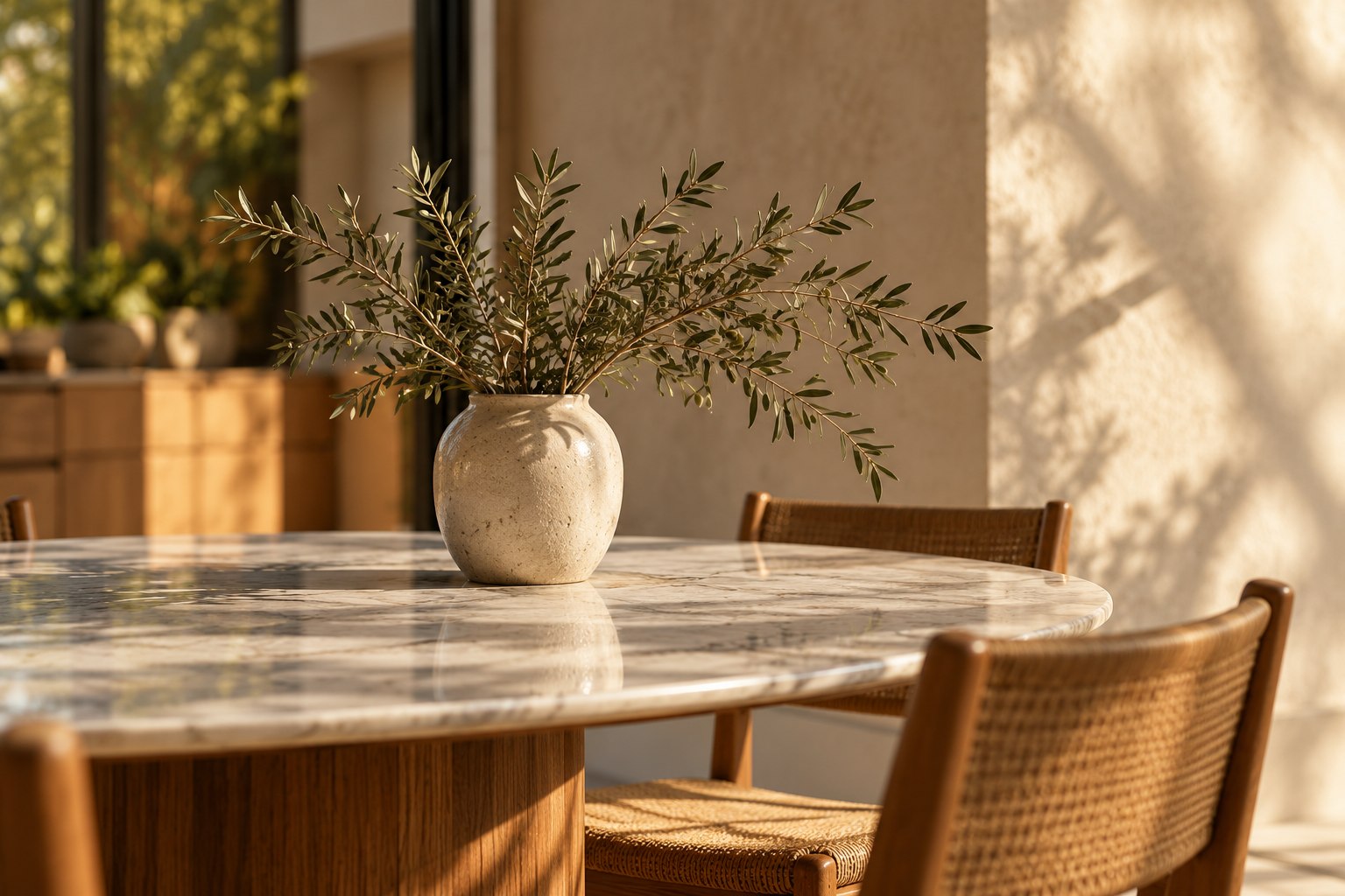 Editorial interior detail with a ceramic vase and warm natural light.