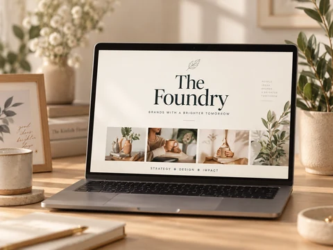 The Foundry — a warm, botanical brand and website displayed on a laptop.